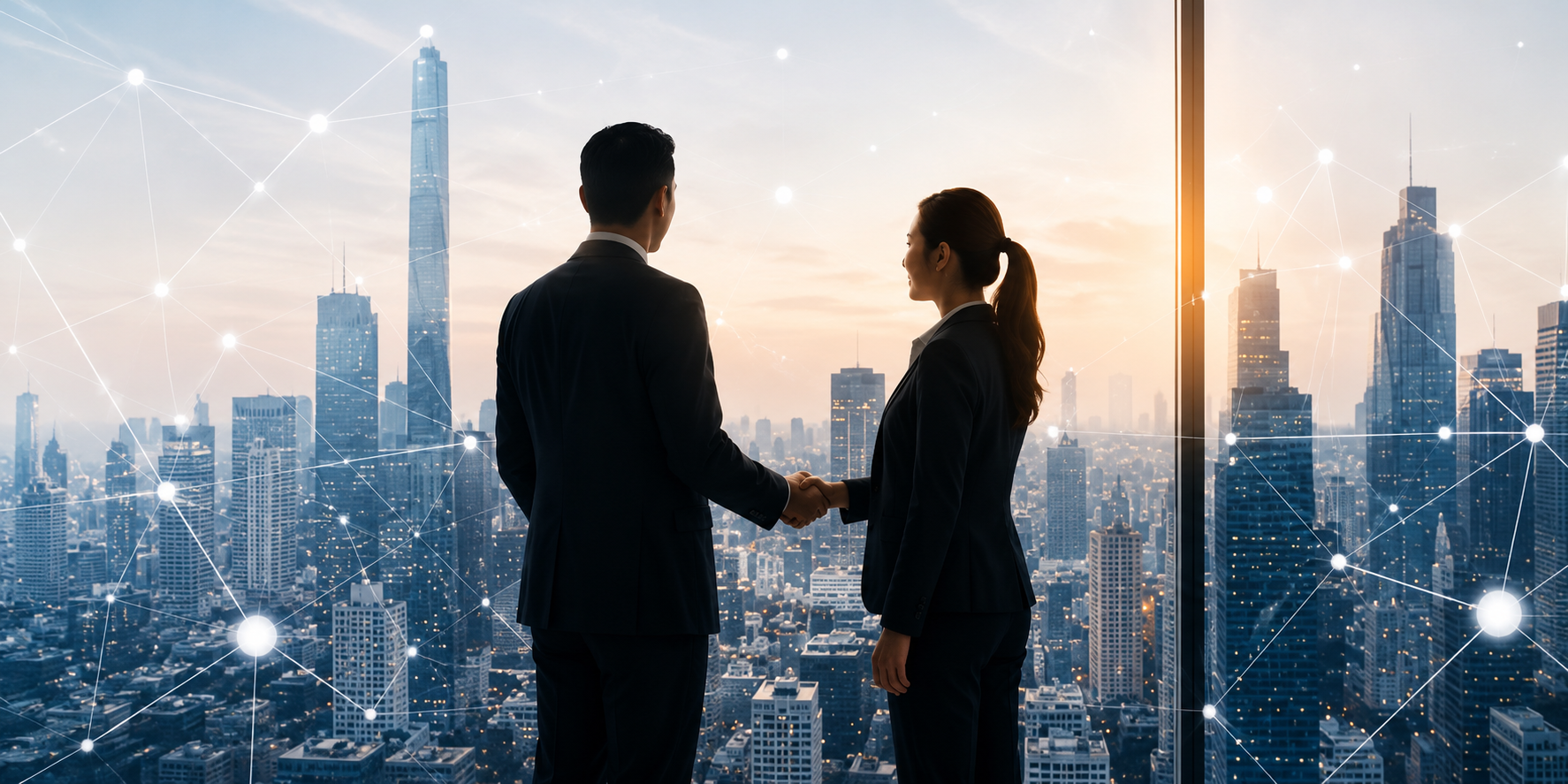 Businessman and businesswoman shaking hands against a modern city skyline